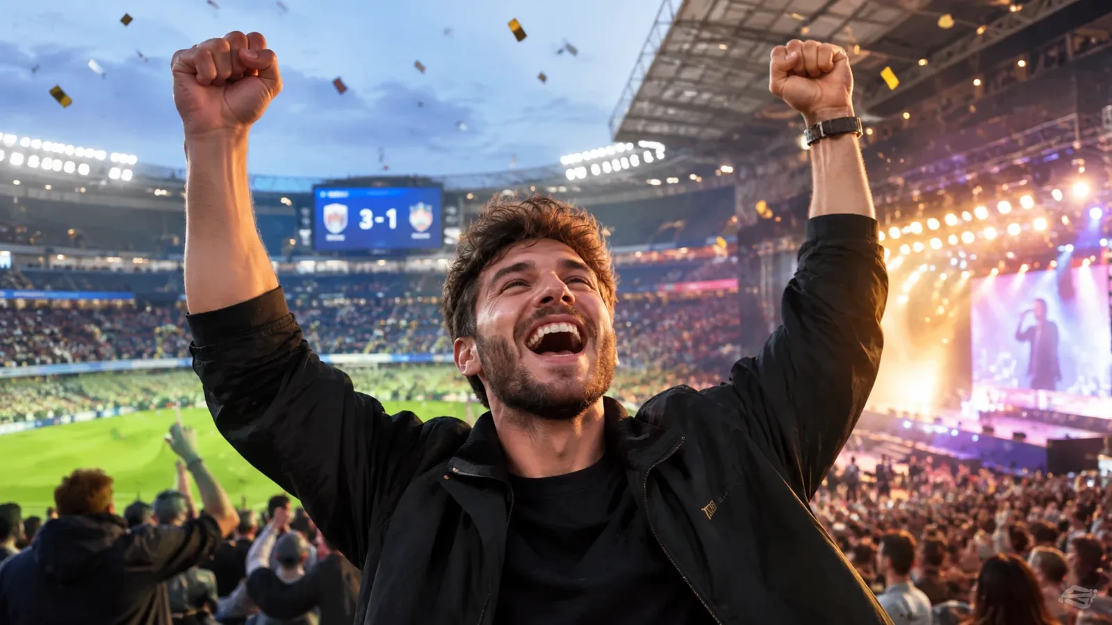 A fan celebrating with both arms up in a full stadium